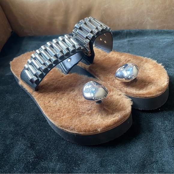 Phillip Lim 3.1 leather fur metal embellishment sandals flatform luxe rare NWOT - Picture 3 of 6